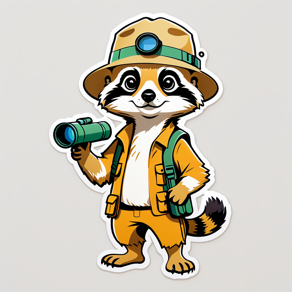 Un suricate avec une paire de jumelles dans sa main gauche et un chapeau de safari dans sa main droite sticker