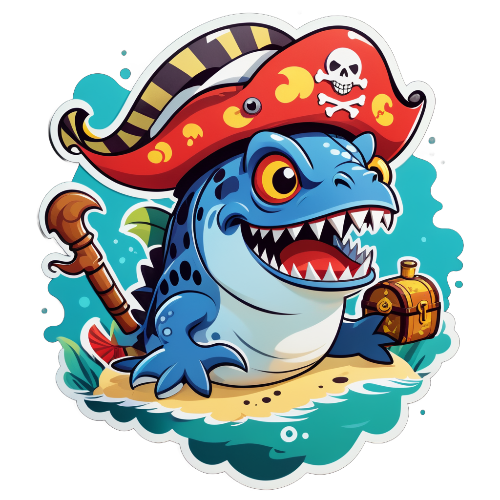 Un piranha avec un chapeau de pirate dans sa main gauche et une carte au trésor dans sa main droite sticker