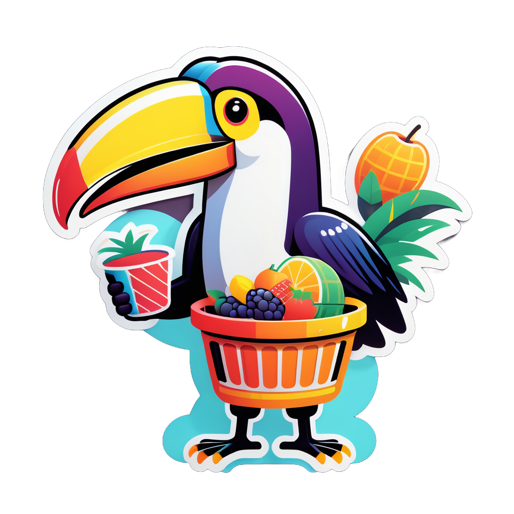 Un toucan avec un panier de fruits dans sa main gauche et un presse-agrumes dans sa main droite sticker