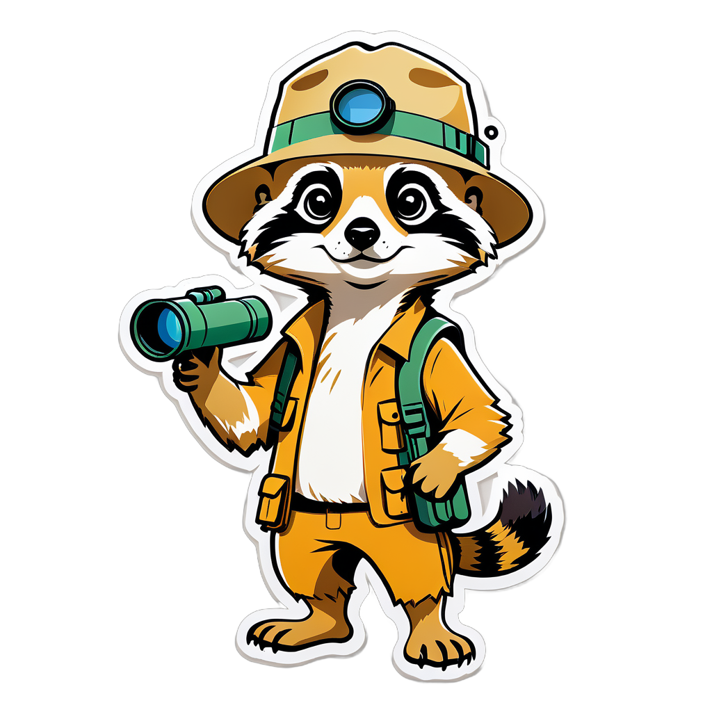 Un suricate avec une paire de jumelles dans sa main gauche et un chapeau de safari dans sa main droite sticker