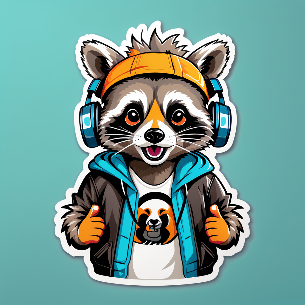 Raccoon đang rap với tai nghe sticker