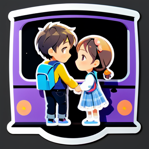 A boy taking hand of a cute girl in a train expressing their love for each other and the place is quite sticker