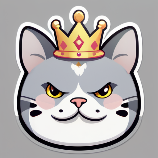 Un gato gordo color gris con hocico blanco y una corona en su cabeza entre sus orejas con la palabra "GuiditoBenito" sticker