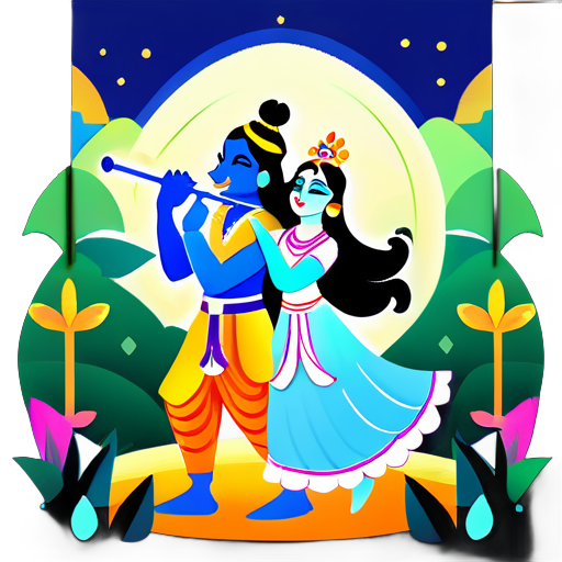 **Indicación:**

Crea una obra de arte digital que represente a Lord Krishna y Radha en un entorno de bosque sereno con rocas en primer plano. La escena debe evocar una sensación de tranquilidad y belleza natural, con el bosque como telón de fondo.
1. **Personajes:**
   - Lord Krishna y Radha deben ser el foco central de la obra de arte.
   - Krishna debe ser representado con su icónica flauta. sticker