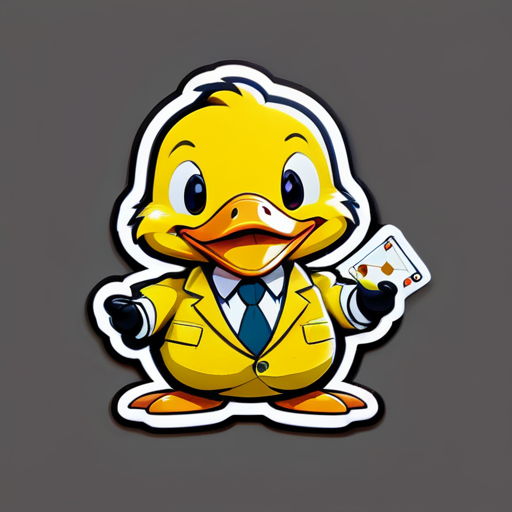 Sticker of a cute cartoon yellow duck wearing a business suit and playing gambling , Sticker, Adorable, Muted Color, kinetic art style, Contour, Vector, White Background, Detailed sticker