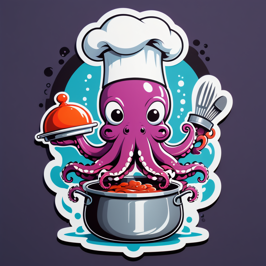 Ein Oktopus mit einem Kochhut in seiner linken Hand und einem Kochtopf in seiner rechten Hand sticker