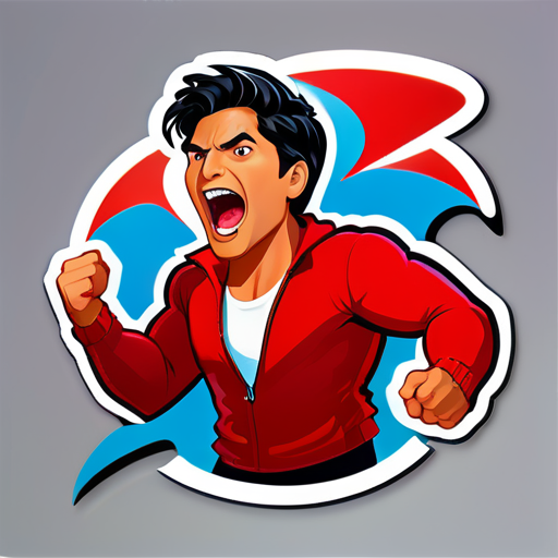 homme en pull rouge criant en colère "chayanne" au lieu de "Shazam" sticker