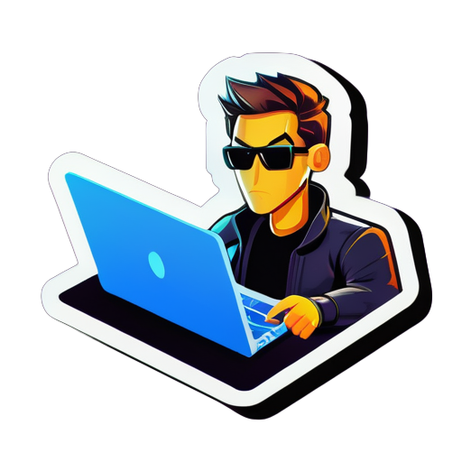 El hombre estaba programando en su computadora portátil y comenzó a apuntar con un arma a la computadora portátil sticker