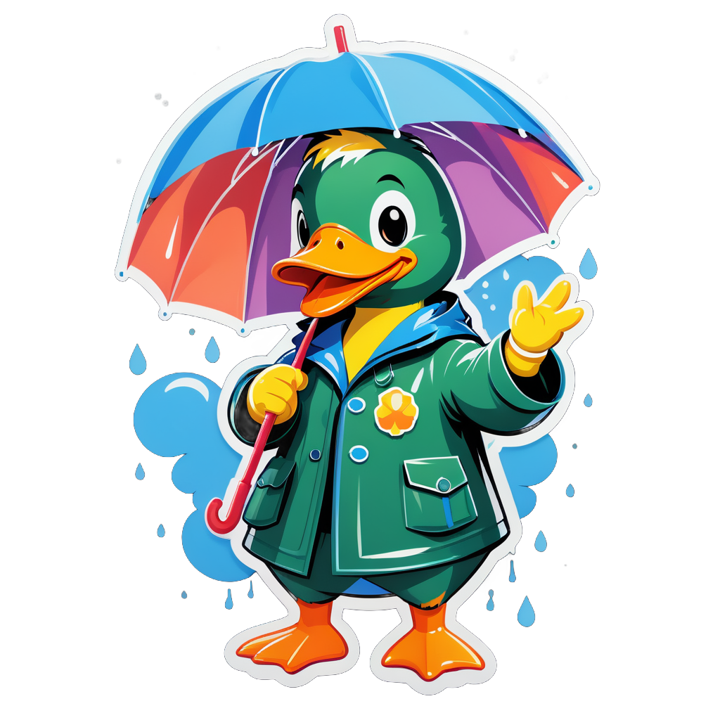 Eine Ente mit einem Regenmantel in der linken Hand und einem Regenschirm in der rechten Hand sticker