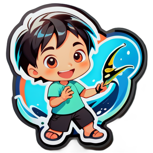 boy is grabbing fish with two hands sticker