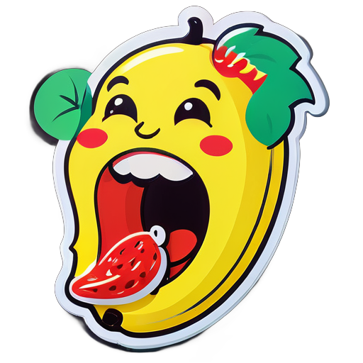 desenhe uma banana rindo ao mesmo tempo em que a banana está comendo morango, coloque um pouco do morango dentro da boca da banana grande sticker