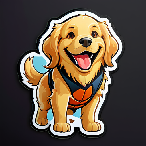 Happy golden retriever with a basketball sticker