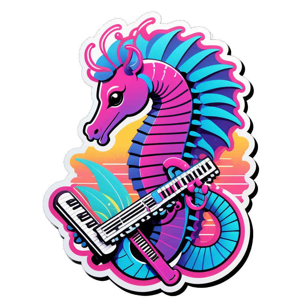 Synthwave Seahorse with Keytar sticker