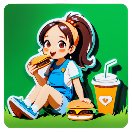 girl siting on grass eating burger sticker