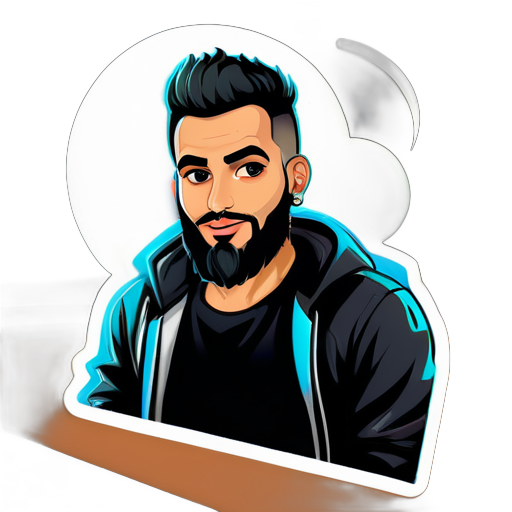 Me gustaría un sticker de mí, soy un chico de 29 años de Marruecos, muy bajo de estatura, con cabello corto y barba corta, trabajo en programación, así que necesito una laptop en el sticker con un fondo de hacker, tengo ojos rasgados y un cuerpo fuerte, ¿puedo tener todo el cuerpo en el sticker con la laptop sin tatuajes? sticker