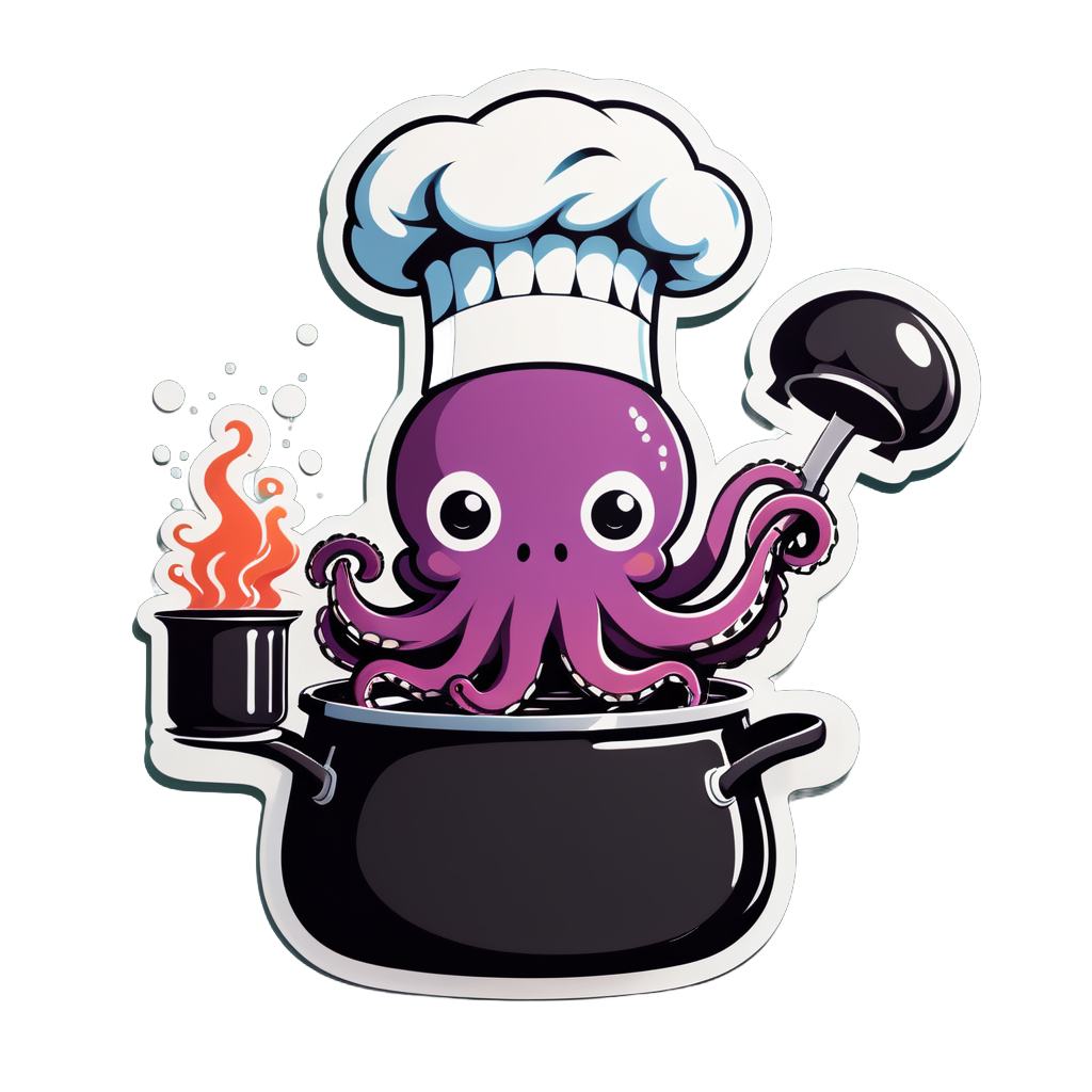 Ein Oktopus mit einem Kochhut in seiner linken Hand und einem Kochtopf in seiner rechten Hand sticker