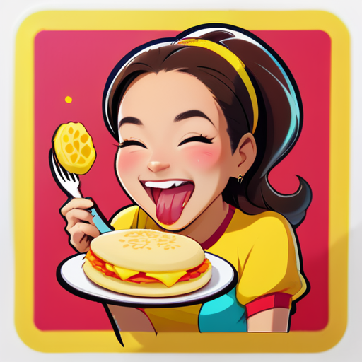 Generar una imagen de una mujer alegre  comiendo una arepa amarilla rellena de carne mechada. sticker