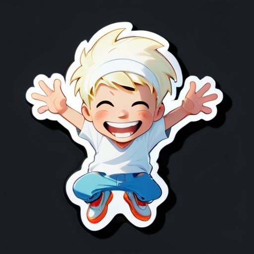 A cartoon boy in a bleaching dressjumps into the air, his hands outstretched and a big smile on his face. sticker