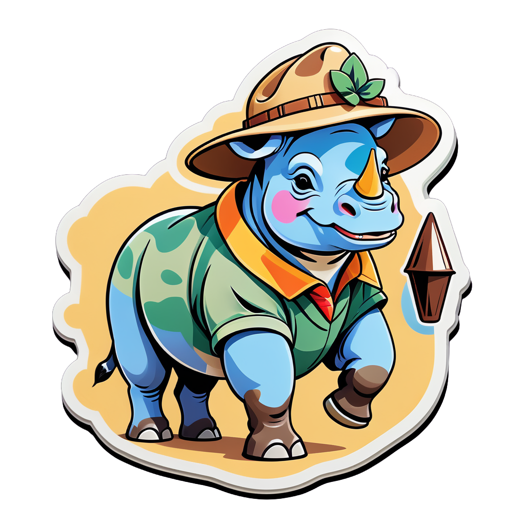 Ein Nashorn mit einem Safari-Hut in der linken Hand und einer Karte in der rechten Hand sticker