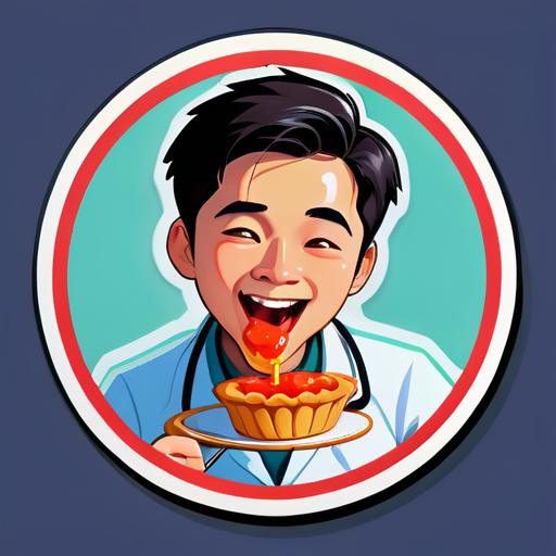 Un joven doctor asiático come pasteles de nata portugueses sticker