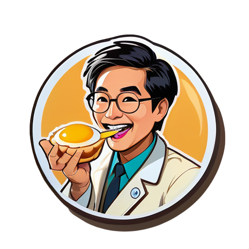 Un médecin asiatique mange des tartelettes aux œufs portugaises sticker