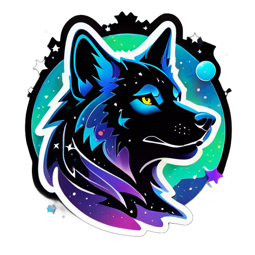 Eine kosmisch gestaltete Wolfsilhouette, mit wirbelnden Galaxien und Sternen innerhalb ihrer Kontur. Der Text "Galactic Alpha Gaming" ist mit kosmischen Effekten verziert, was ihm ein überirdisches Gefühl verleiht. sticker