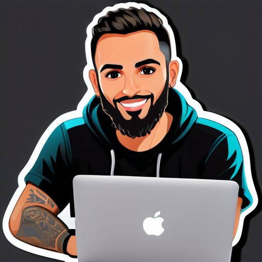 me gustaría un sticker de mí, soy un chico de 29 años de Marruecos, muy bajo de estatura, con cabello corto y barba corta, trabajo en programación, así que necesito una laptop en el sticker con un fondo de hacker, tengo ojos chinos y un cuerpo fuerte, ¿puedo tener todo el cuerpo en el sticker con la laptop? sticker