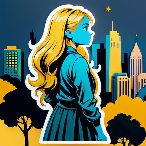 a girl with golden hair  on a tree looking at the city sticker