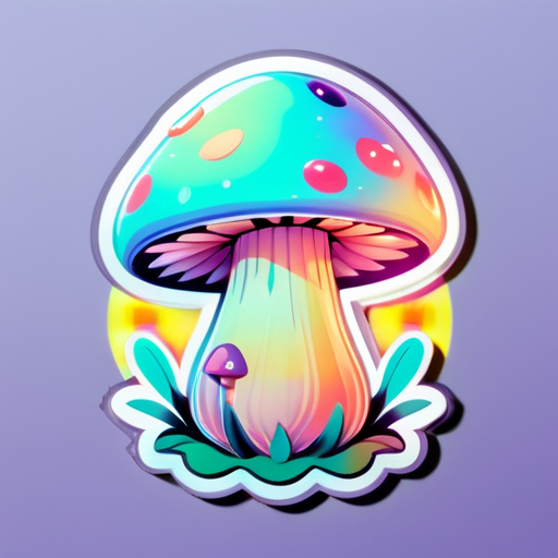 Pastel mushroom that’s holographic and has a little person sitting on the mushroom sticker