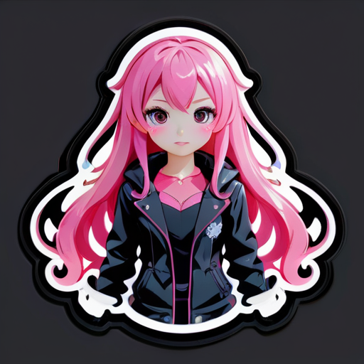 Menina com cabelos longos cor-de-rosa e traje JK preto, imagem de anime sticker