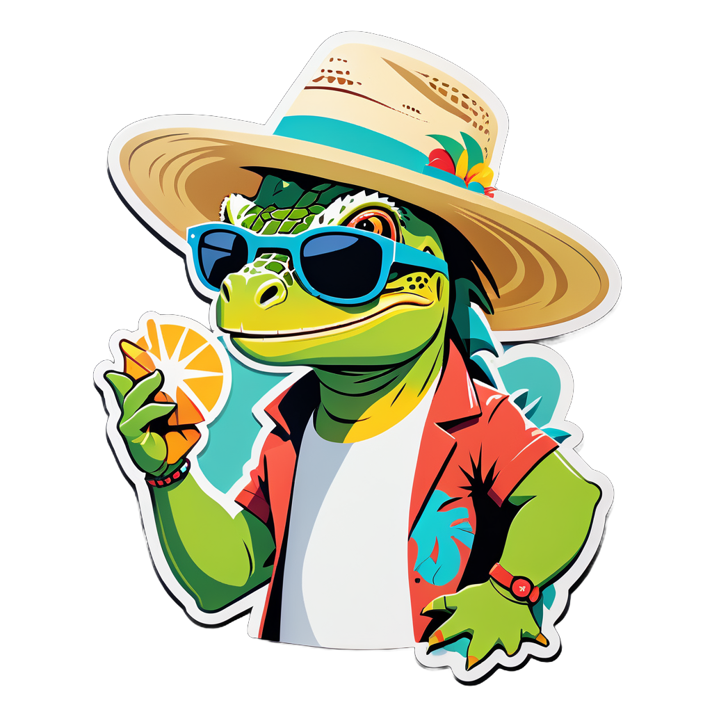 Eine Leguan mit einem Sonnenhut in der linken Hand und einer Sonnenbrille in der rechten Hand sticker