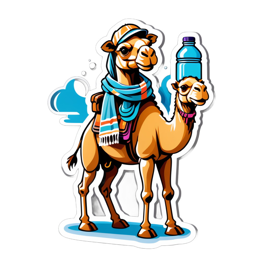 Ein Kamel mit einer Wasserflasche in der linken Hand und einem Wüstenschal in der rechten Hand sticker