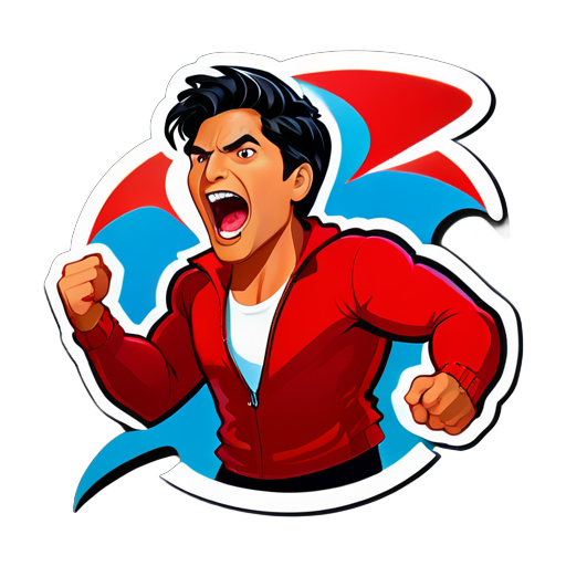 homme en pull rouge criant en colère "chayanne" au lieu de "Shazam" sticker