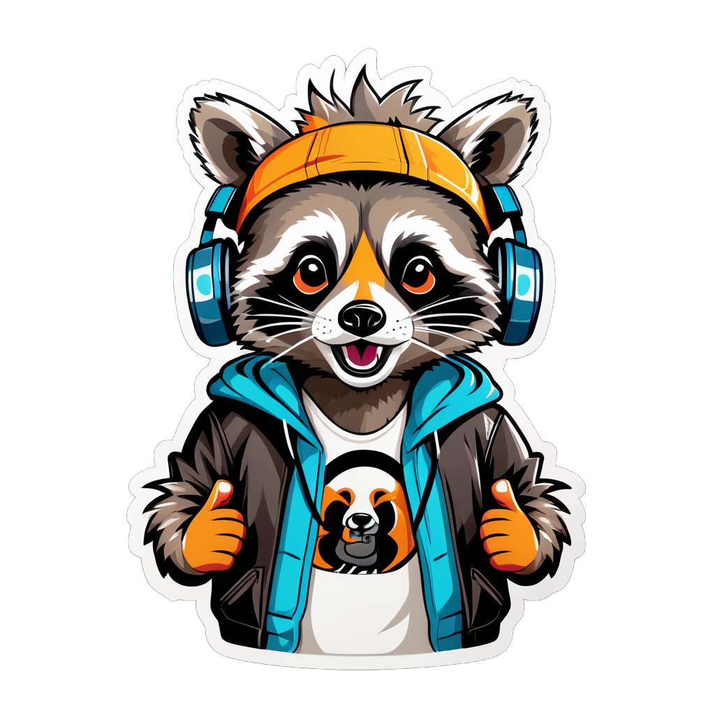 Raccoon đang rap với tai nghe sticker