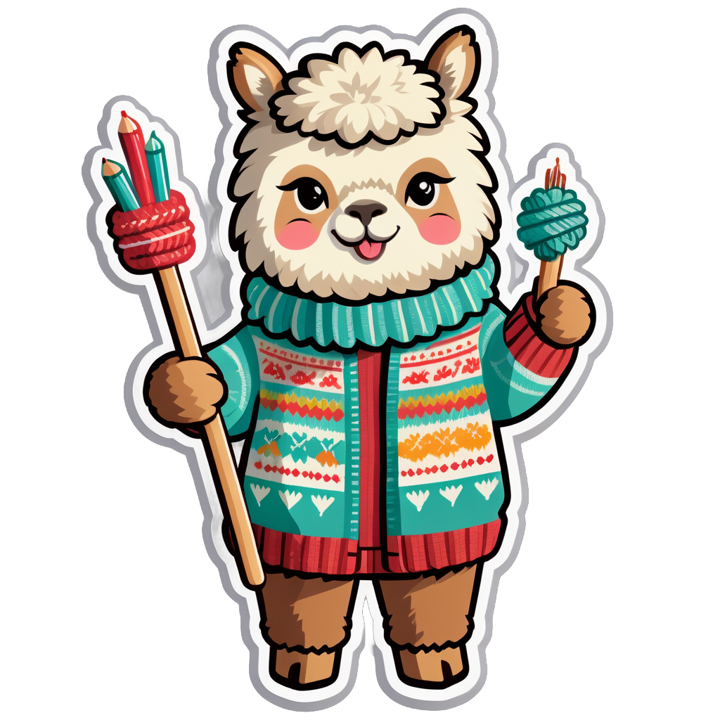 Ein Alpaka mit einem wolligen Pullover in der linken Hand und Stricknadeln in der rechten Hand sticker