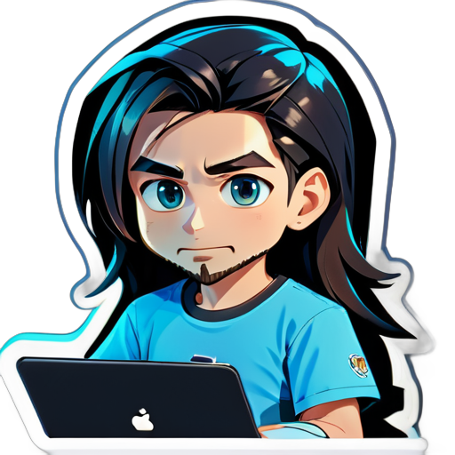 Generator a sticker of the a boy working on their laptop the boy having Messi long hair boy having patchy beard he weared full sleeve maya blue t-shirt  , and corbon black jeans  sticker