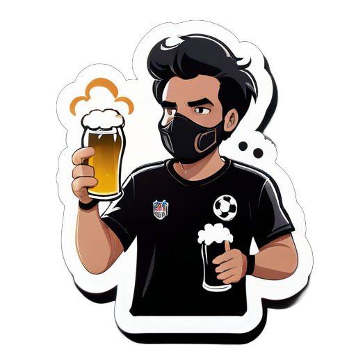 un supporter de football habillé en noir avec une bière dans un main et un fumigène dans l'autre main. Il y a de la fumée qui sort du fumigène