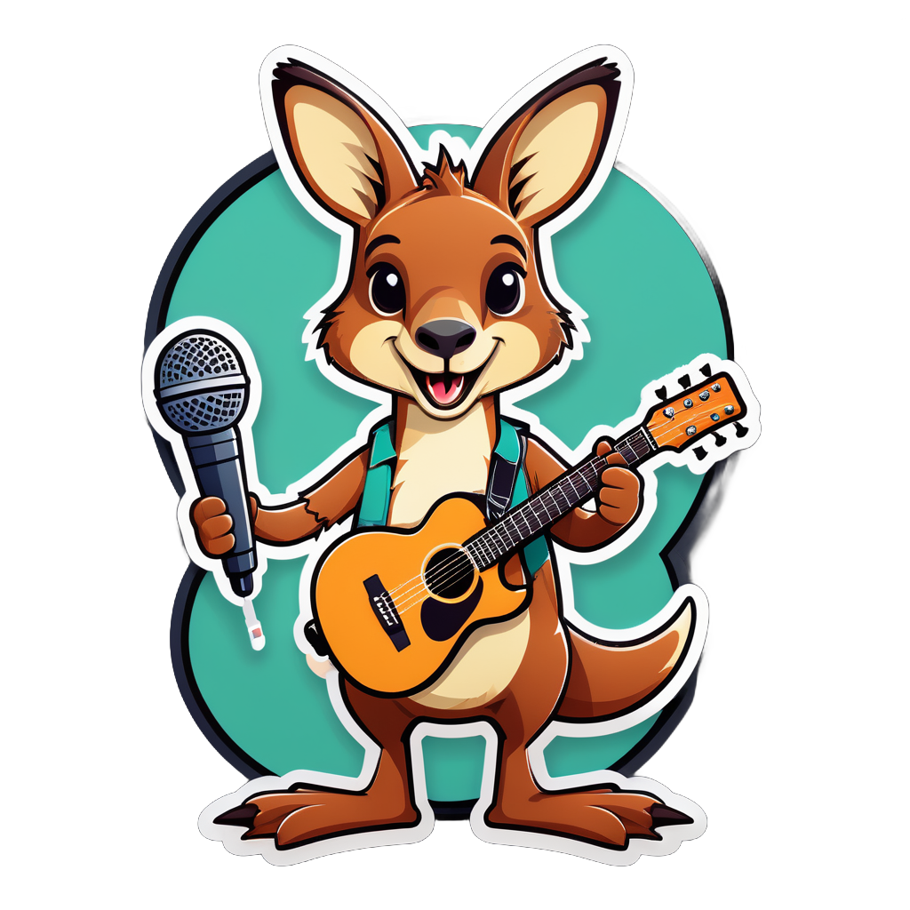 Ein Känguru mit einer Gitarre in der linken Hand und einem Mikrofon in der rechten Hand sticker