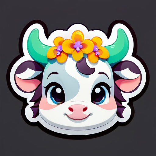 A cute cartoon calf avatar wearing a garland of flowers on its head. sticker