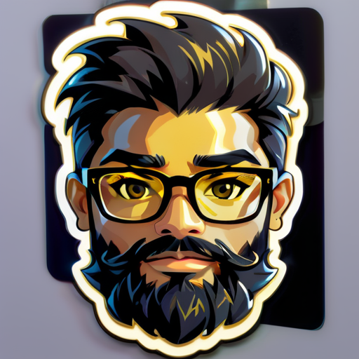 Crea un sticker para un hombre negro con gafas doradas que sea programador y tenga barba corta sticker