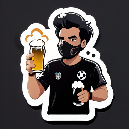 un supporter de football habillé en noir avec une bière dans un main et un fumigène dans l'autre main. Il y a de la fumée qui sort du fumigène sticker