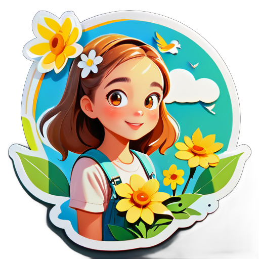 ein junges Mädchen hält im Sommer eine Blume, das Wetter ist sonnig, und einige Vögel fliegen am Himmel, und einige Vögel sitzen auf dem Baum. sticker