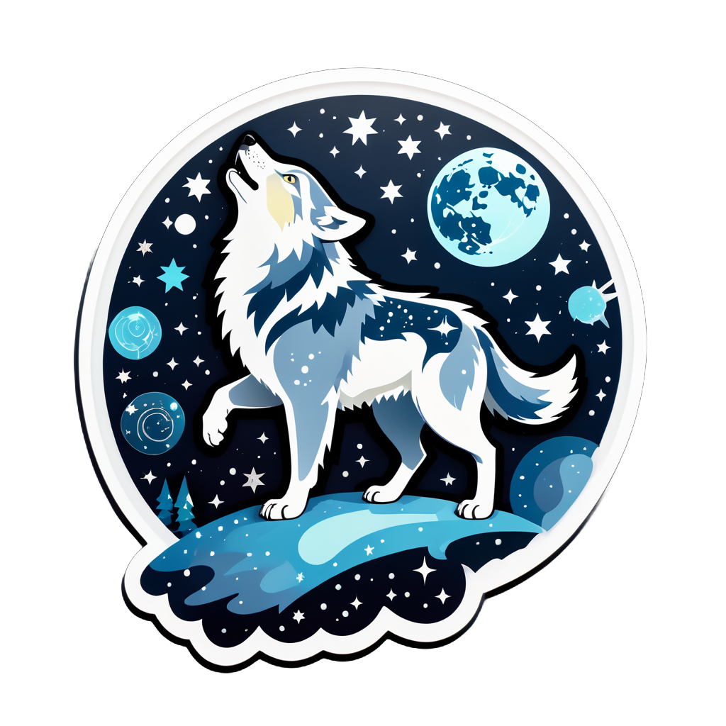 Ein Wolf mit einem Mondanhänger in seiner linken Hand und einer Sternenkarte in seiner rechten Hand sticker