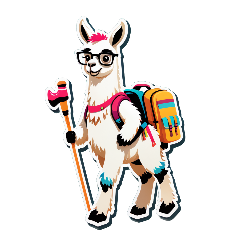 Ein Lama mit einem Rucksack in der linken Hand und einem Wanderstock in der rechten Hand sticker