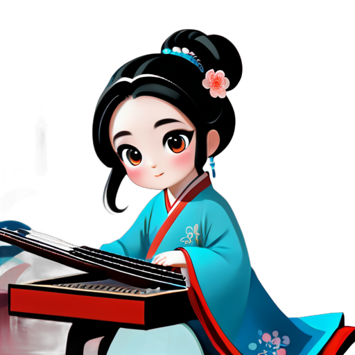 Ayúdame a diseñar un avatar de caricatura para un sitio web, una niña pequeña tocando el guzheng, estilo chino, moderno pero clásico: Diseño del personaje de la niña: Debe ser una niña encantadora y joven, con grandes ojos y rasgos faciales suaves. Vestida con un hanfu tradicional o una versión moderna modificada del hanfu, conservando elementos de la vestimenta tradicional china pero con algunos diseños modernos, como elementos de moda en ciertos detalles o accesorios. Pelo largo suelto o recogido en un peinado clásico, con horquillas o adornos. Guzheng: El guzheng debe ser un instrumento claramente visible, diseñado para que la niña esté concentrada tocándolo. El diseño del guzheng debe seguir el estilo tradicional chino, pero también puede incluir elementos modernos, como más colores o decoraciones. Diseño de fondo: El fondo puede ser líneas simples o patrones con estilo chino, como nubes, paisajes, arquitectura antigua, etc. También se puede considerar agregar elementos modernos al fondo, como la línea del horizonte de una ciudad, arquitectura moderna, para resaltar la sensación moderna. Selección de colores: Principalmente tonos suaves, como rosa suave, azul claro, etc. Se pueden incluir colores tradicionales chinos, como el rojo, en la paleta de colores. sticker