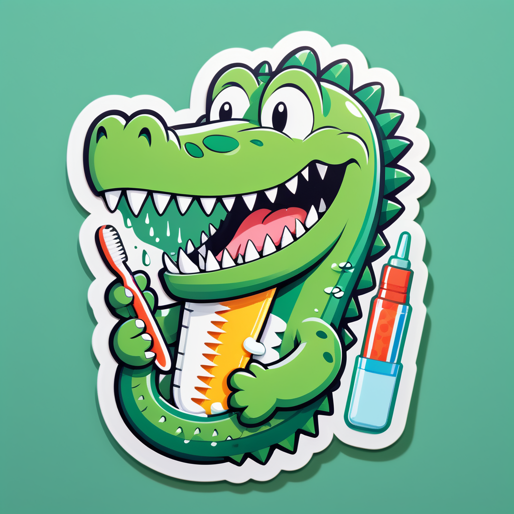 Ein Krokodil mit einer Zahnbürste in der linken Hand und einer Tube Zahnpasta in der rechten Hand sticker