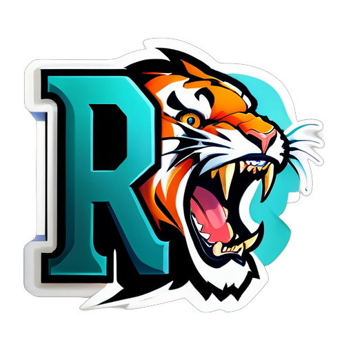 CAPITAL LETTER  R(full LETTER ) ON TOP AND  POWERFUL  WITH FEROCIOUS FACED TIGER  ROARING BELOW (REDUCE SIZE OF TIGER ROARING) sticker