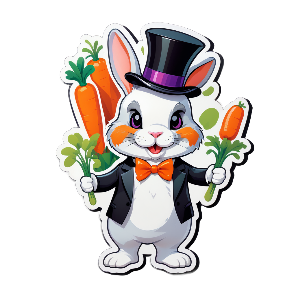 Ein Hase mit einer Karotte in seiner linken Hand und einem Zylinder in seiner rechten Hand sticker