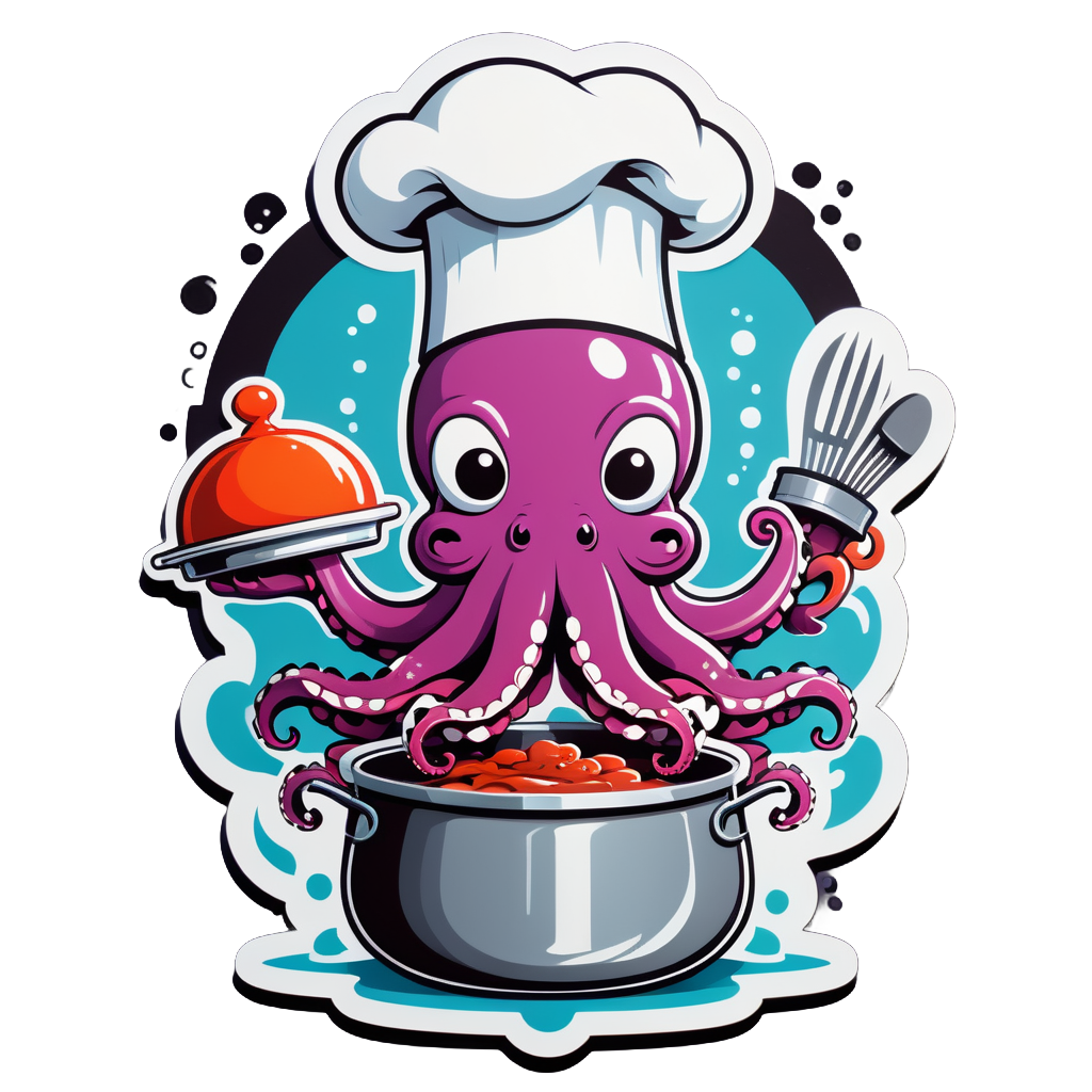 Ein Oktopus mit einem Kochhut in seiner linken Hand und einem Kochtopf in seiner rechten Hand sticker