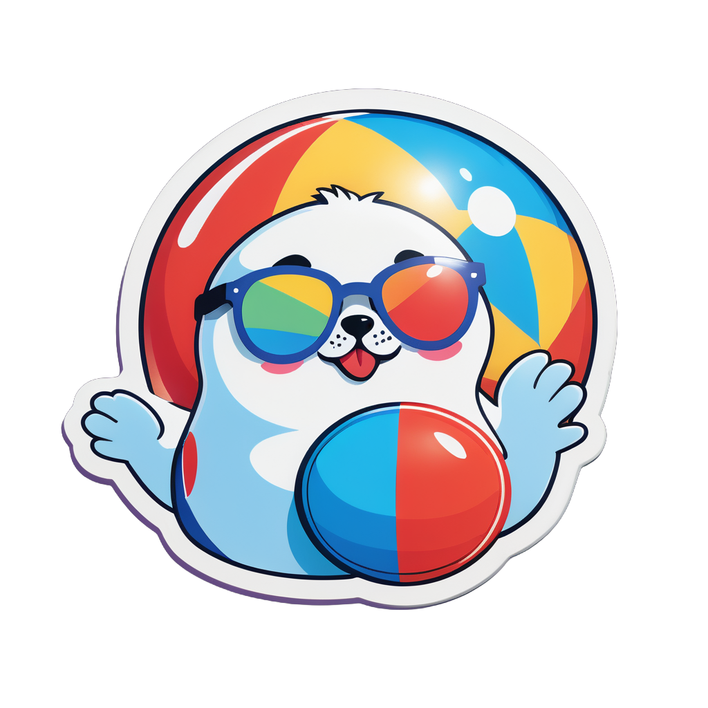 Eine Robbe mit einem Strandball in der linken Hand und einer Sonnenbrille in der rechten Hand sticker